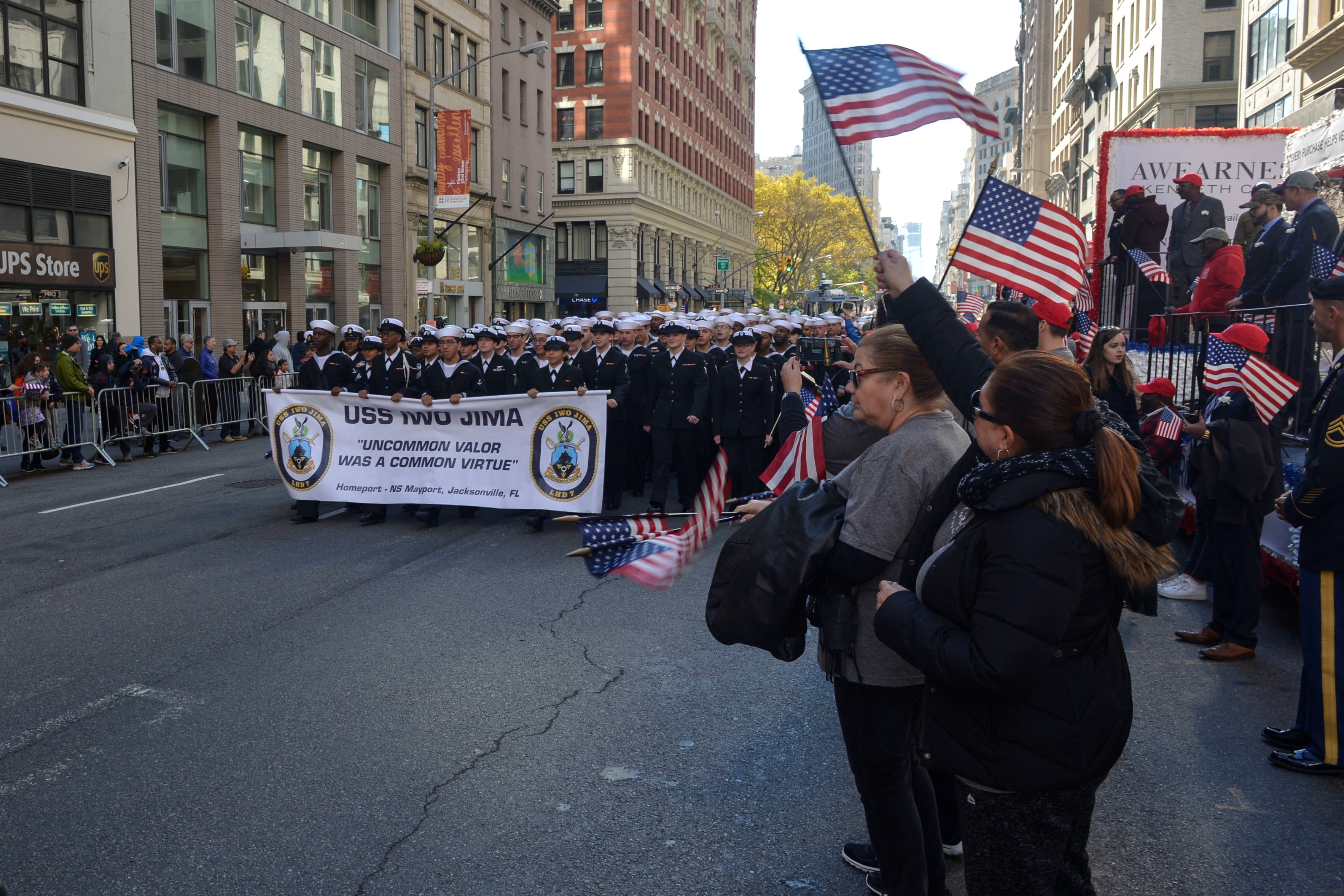 Sailors assigned to the amphibious assault ship USS Iwo Jima march in the 2016 Veterans Day parade in New York City. The ship had recently returned from a humanitarian assistance mission to Haiti in the aftermath of Hurricane Matthew.